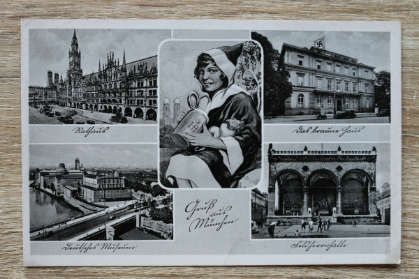 AK Gruss aus München / 1933-1945 / Münchner Kindl / Braunes Haus / Feldherrnhalle / Rathaus / Deutsches Museum / Autos Architektur